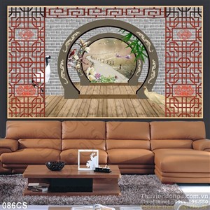 Tranh cửa sổ truyền thống và chim hạc