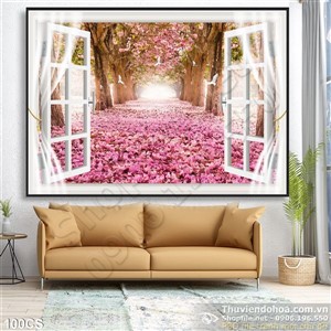 Tranh cửa sổ và vườn đào đẹp độc đáo