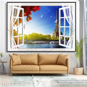 Tranh cửa sổ và tháp eiffel Paris đẹp