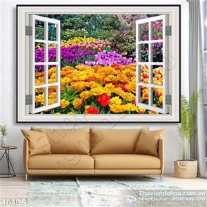 Tranh cửa sổ và hoa tulip trang trí phòng khách Tranh cửa sổ và hoa tulip trang trí phòng khách