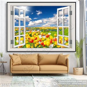 Tranh cửa sổ và hoa tulip