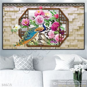 Tranh cửa sổ và chim công trang trí