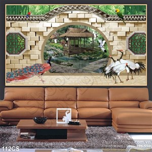 Tranh cửa sổ và chim hạc trang trí nội thất