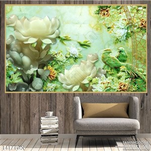 Tranh in kính sen xanh và chim Tranh in kính sen xanh và chim