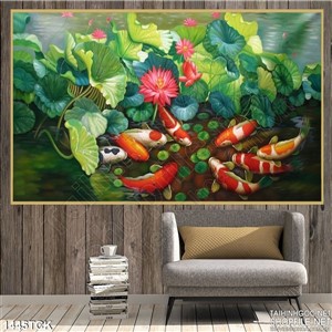 Tranh hoa sen và cá Koi trong đầm Tranh hoa sen và cá Koi trong đầm