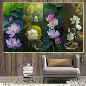 Tranh sen trắng và hồng nở rộ Tranh sen trắng và hồng nở rộ