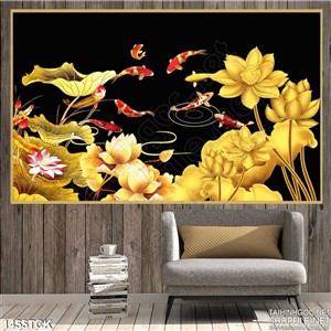 Tranh in sen vàng và cá Koi Tranh in sen vàng và cá Koi