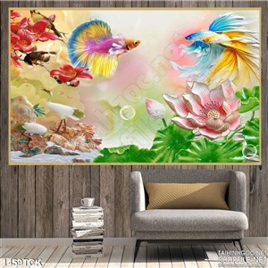 Tranh cá sim betta vui cùng hoa sen Tranh cá sim betta vui cùng hoa sen