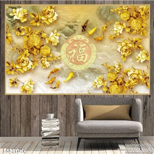 Tranh cá Koi và hoa hồng vàng Tranh cá Koi và hoa hồng vàng