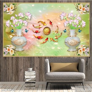 Tranh in màu cá Koi quây quần Tranh in màu cá Koi quây quần