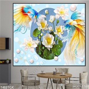 Tranh in màu sen và cá sim betta Tranh in màu sen và cá sim betta