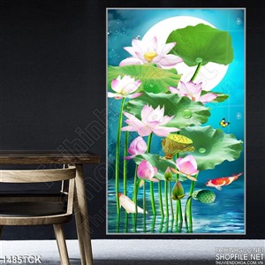 Tranh hoa sen và cá Koi thưởng trăng Tranh hoa sen và cá Koi thưởng trăng