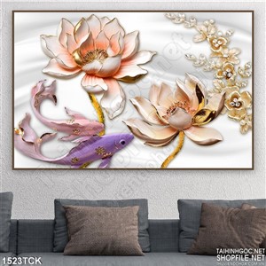 Tranh 3D hoa sen và cá Koi Tranh 3D hoa sen và cá Koi