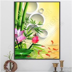 Tranh sen hồng bên hồ trúc Tranh sen hồng bên hồ trúc