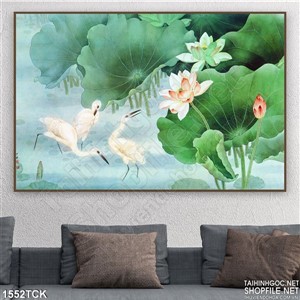 Tranh hoa sen và hạc in màu Tranh hoa sen và hạc in màu