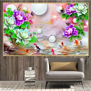 Tranh mẫu đơn tím và cá Koi Tranh mẫu đơn tím và cá Koi