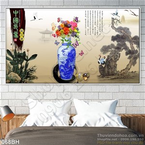 Tranh bình hoa cổ thư pháp trang trí phòng khách