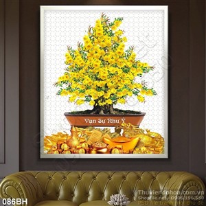 Tranh bình hoa chậu Mai trang trí treo tường