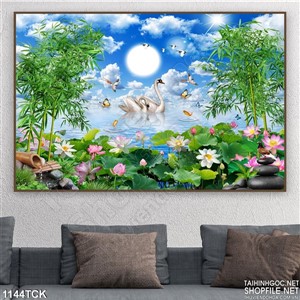 Tranh phong cảnh hoa sen và thiên nga Tranh phong cảnh hoa sen và thiên nga