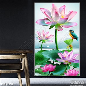 Tranh hoa sen hồng buổi sáng sớm Tranh hoa sen hồng buổi sáng sớm