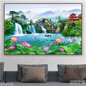 Tranh phong thủy hoa sen và thác nước Tranh phong thủy hoa sen và thác nước