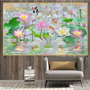 Tranh hoa sen cùng thiên nga và cá chép Tranh hoa sen cùng thiên nga và cá chép