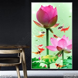 Tranh treo phòng hoa sen hồng và cá chép Tranh treo phòng hoa sen hồng và cá chép