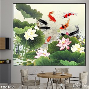 Tranh hoa sen cá chép dán tường đẹp Tranh hoa sen cá chép dán tường đẹp