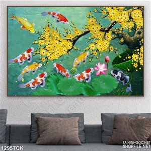 Tranh hoa sen cá chép và cành mai Tranh hoa sen cá chép và cành mai