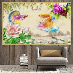 Tranh tranh phong thủy hoa sen và 2 chú cá betta Tranh tranh phong thủy hoa sen và 2 chú cá betta