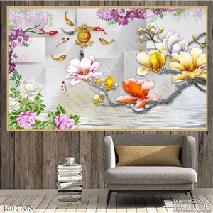 Tranh tường hoa sen cá chép đẹp Tranh tường hoa sen cá chép đẹp