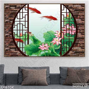 Tranh khung cửa hoa sen cá chép Tranh khung cửa hoa sen cá chép