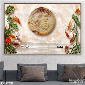 Tranh tường hoa sen cá chép giả ngọc Tranh tường hoa sen cá chép giả ngọc