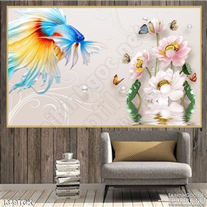 Tranh cá sim betta xanh bên sen Tranh cá sim betta xanh bên sen