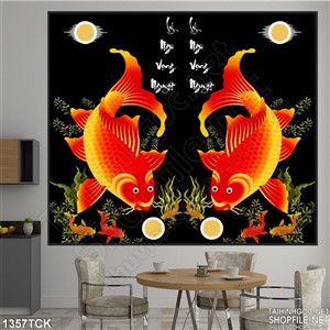 Tranh cá chép đỏ thưởng trăng Tranh cá chép đỏ thưởng trăng
