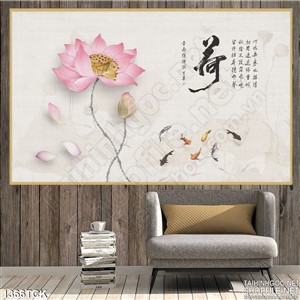 Tranh sen hồng nở bên cá Koi Tranh sen hồng nở bên cá Koi