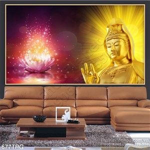 Tranh Phật Quan Âm và hoa sen