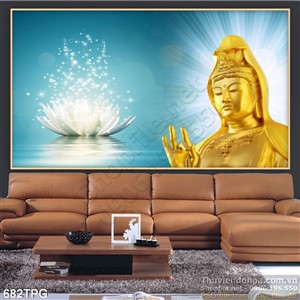 Tranh Phật Quan Âm và hoa sen trắng