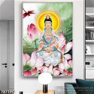Tranh Phật Quan Âm và hoa sen