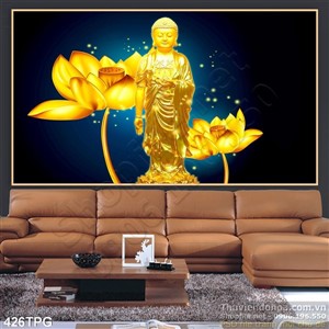 Tranh Tượng phật Tổ và sen vàng