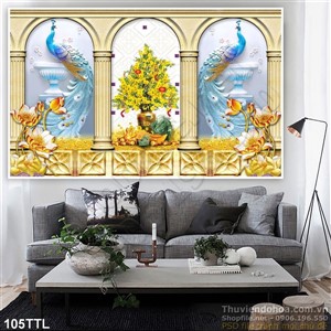 Tranh Tài Lộc, tranh Tết chậu Mai và chim công