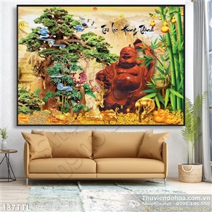 Tranh in 3D tượng Phật Di Lặc bằng gỗ