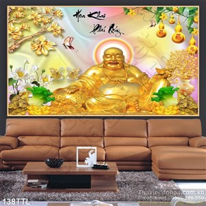 Tranh in uv Phật Di Lặc thư pháp phong thủy