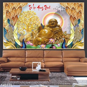 Tranh 3D tượng Phật Di Lặc và chim công độc đáo