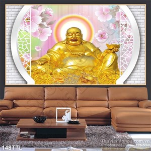 Tranh 3D tượng Phật Di Lặc và hoa Đào nghệ thuật