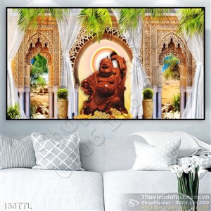 Tranh in 3d tượng Phật Di Lặc bằng gỗ nghệ thuật