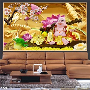 Tranh in uv Phật Di Lặc và hoa Sen điêu khắc