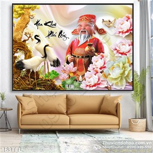 Tranh thần tài và hoa Sen psd