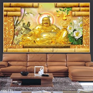 Tranh psd tượng Phật Di Lặc vàng nghệ thuật in uv