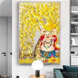 Tranh psd Phật Di Lặc nền cây tiền vàng in 3d